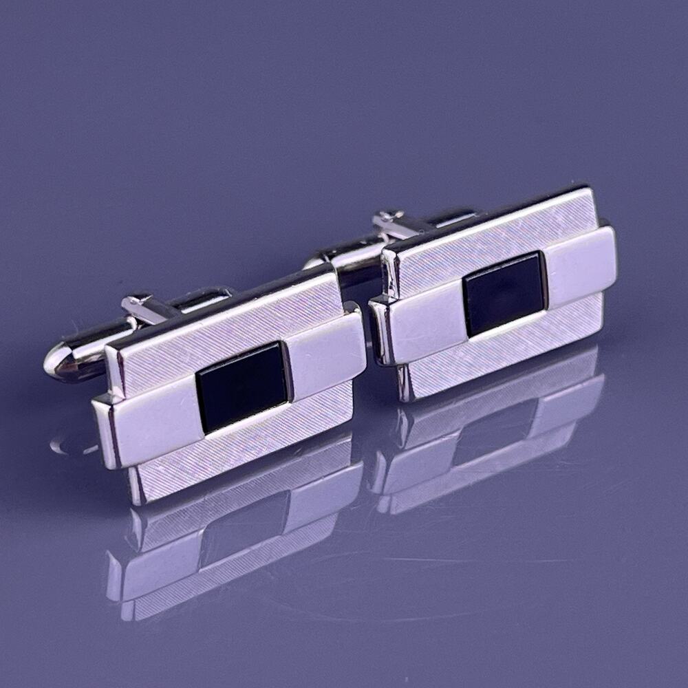 Stripe Textured Obsidian Cufflinks Silver Tone Rectangle Polished Swank Vintage